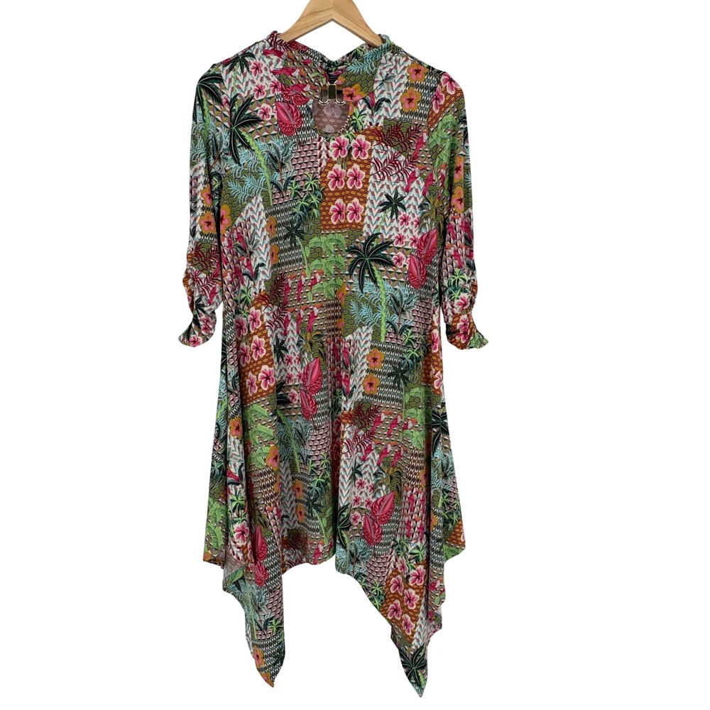 Robert Louis Tropical Print Asymmetric Hem Dress Small Keyhole Floral Palm Hanky